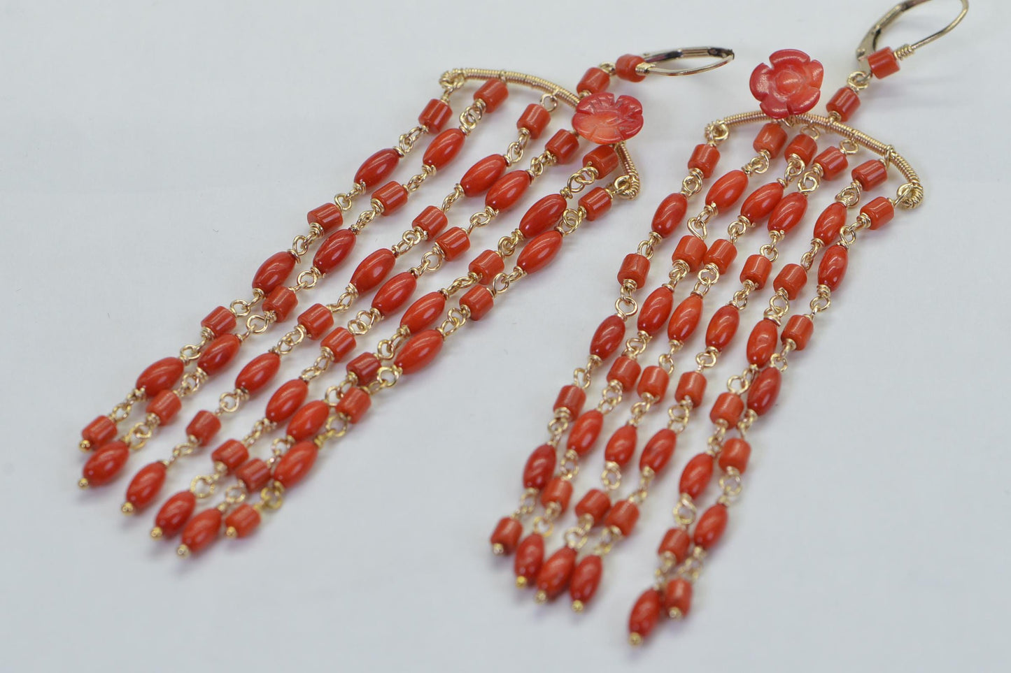 Red Coral Tassel Earrings: 14K Gold Wire-Wrapped Gemstone Dangle