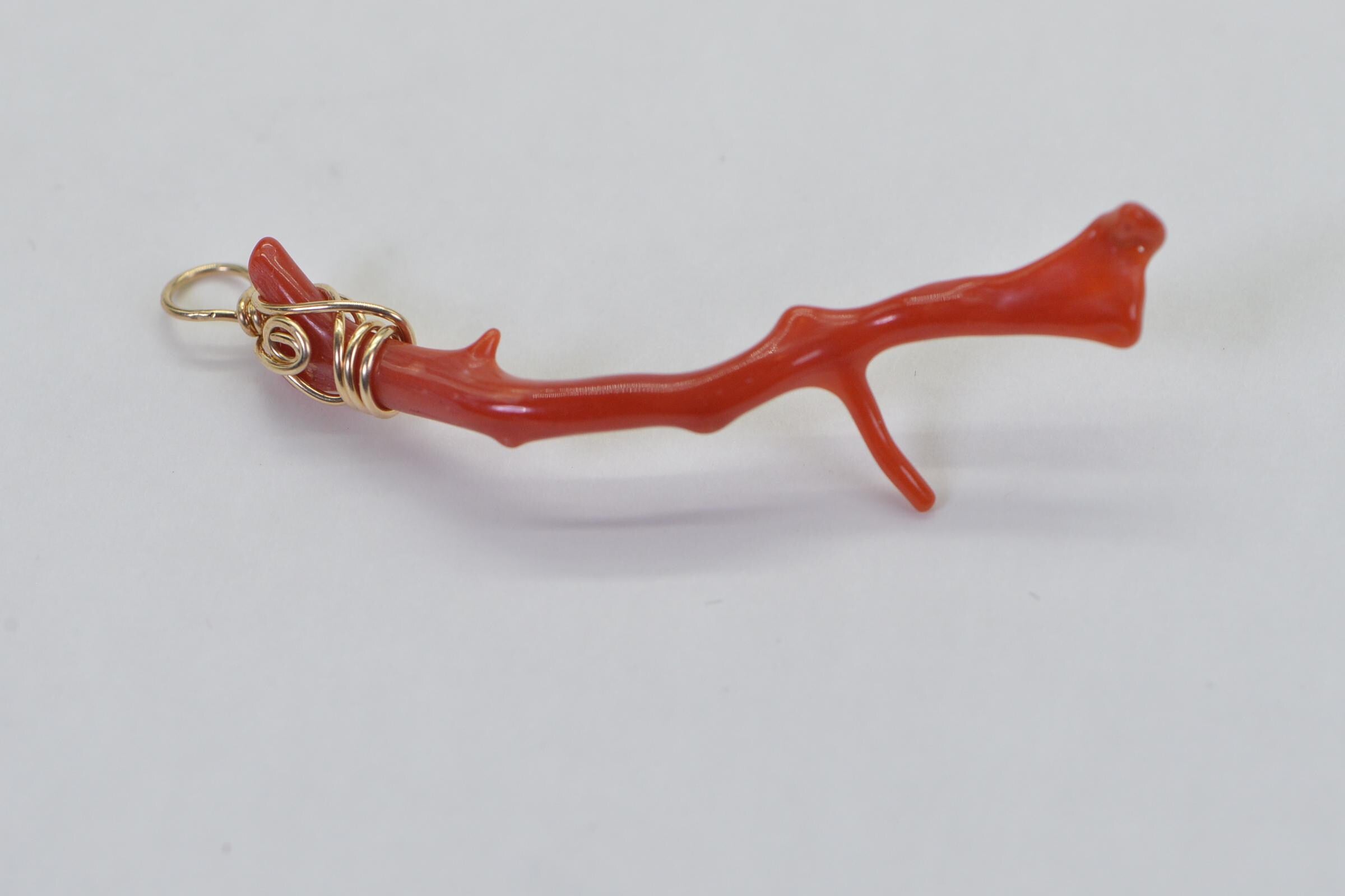 Red Coral Branch Pendant: 14K Gold Filled Wire Wrapped Italian Charm