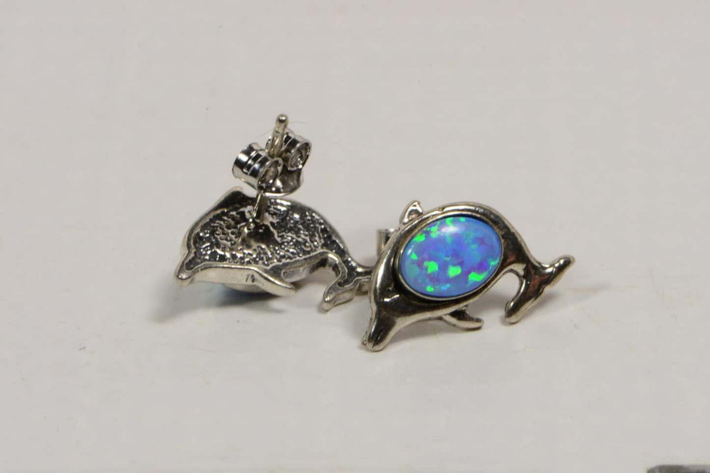 Blue Opal Studs Earrings DOLPHINS post earrings Gemstone Animal Jewelry Birthstone October