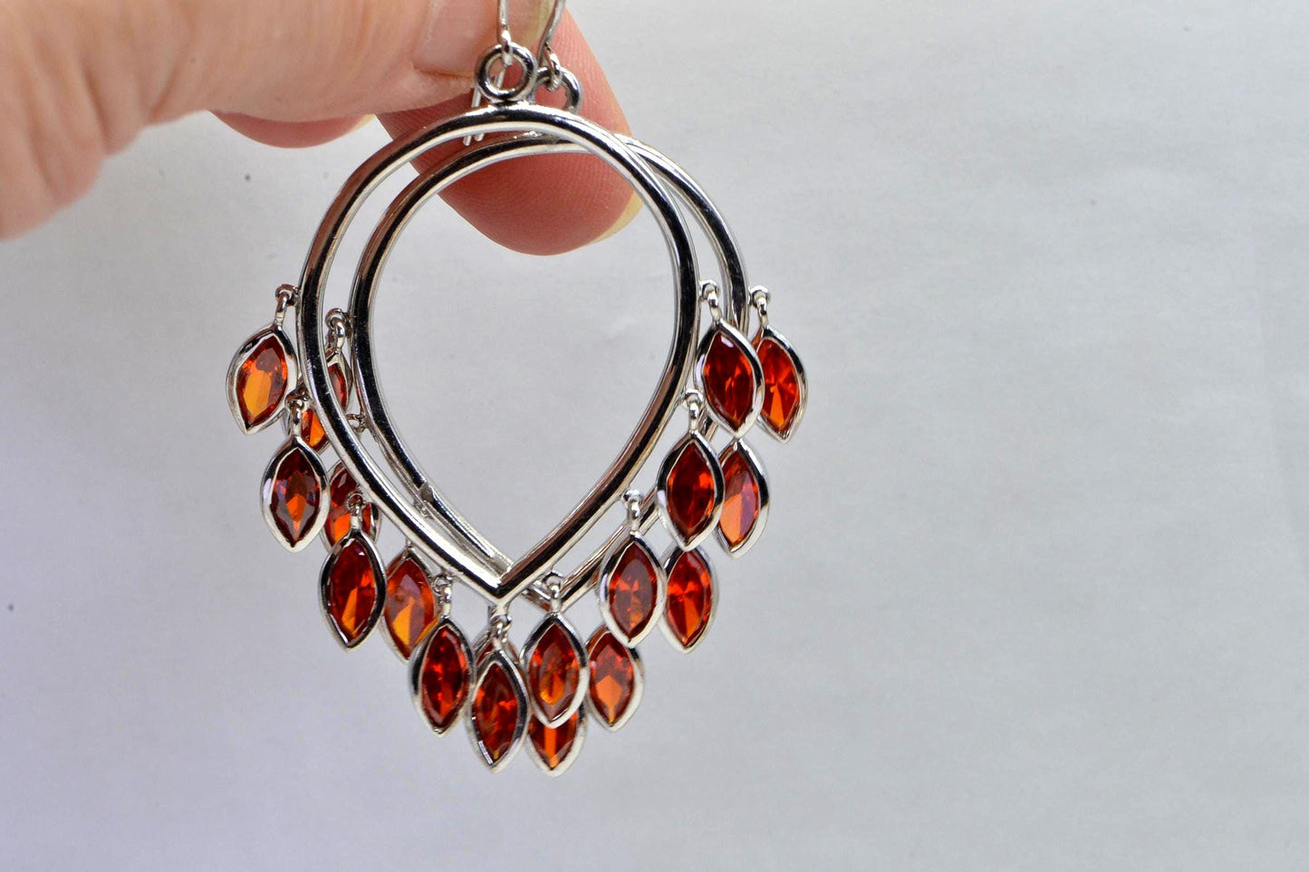 Mexican Cherry Red Fire Opal Multi Stone Cluster Teardrop Earrings Sterling Silver Birthstone October