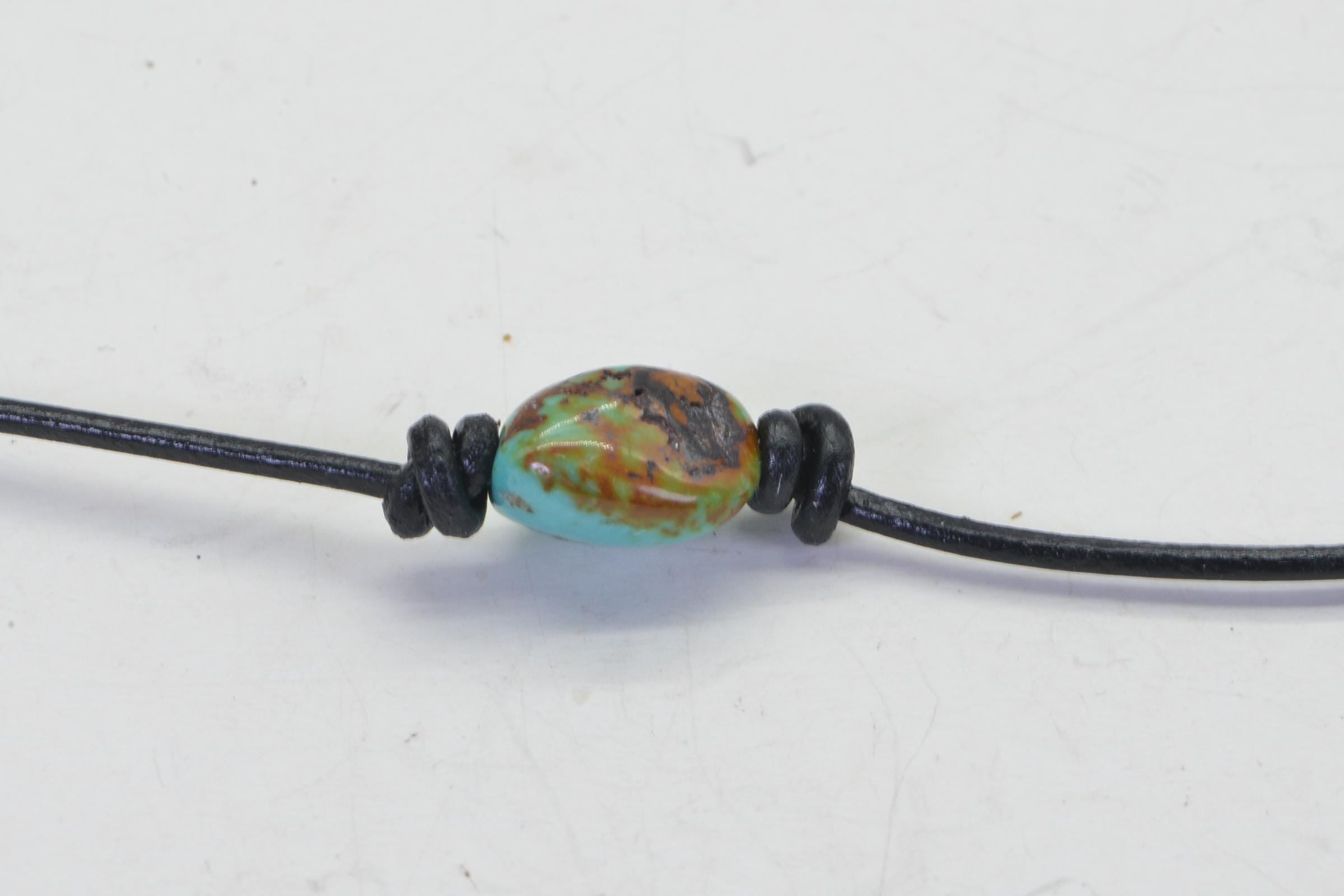 Kingman  Nuggets Turquoise  On Leather Choker  Necklace Single Bead Knotted