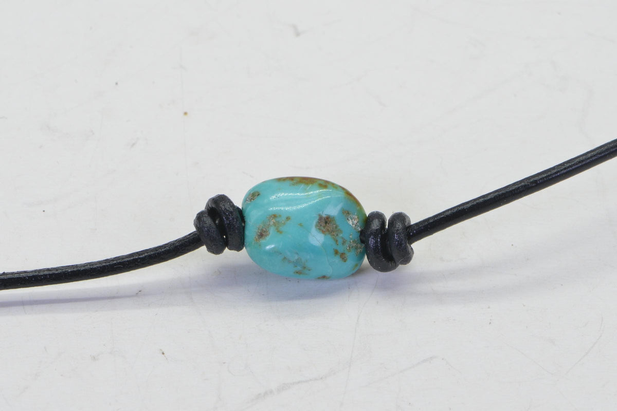 Kingman  Nuggets Turquoise  On Leather Choker  Necklace Single Bead Knotted