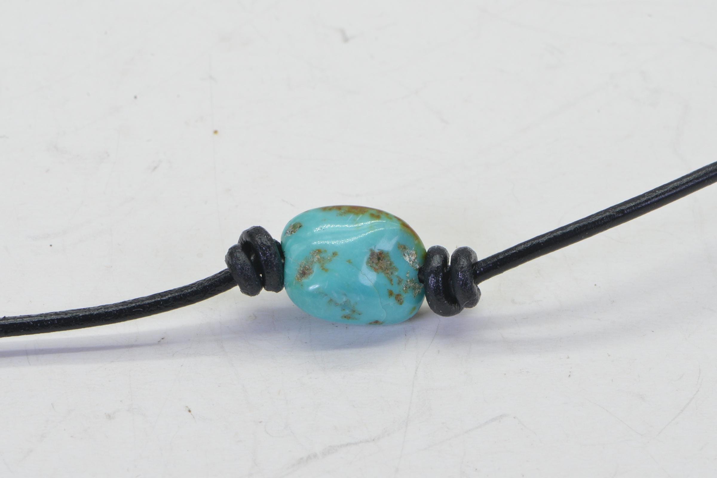 Kingman  Nuggets Turquoise  On Leather Choker  Necklace Single Bead Knotted
