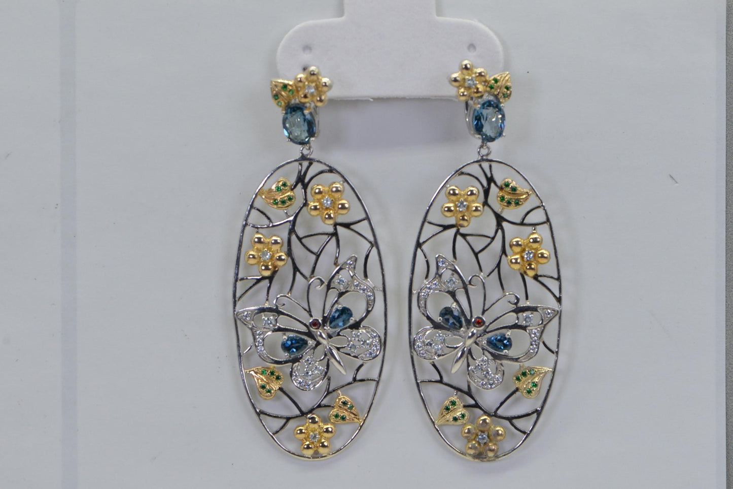 Two-Tone Butterfly Earrings: Blue Topaz & Simulated Diamond Statement