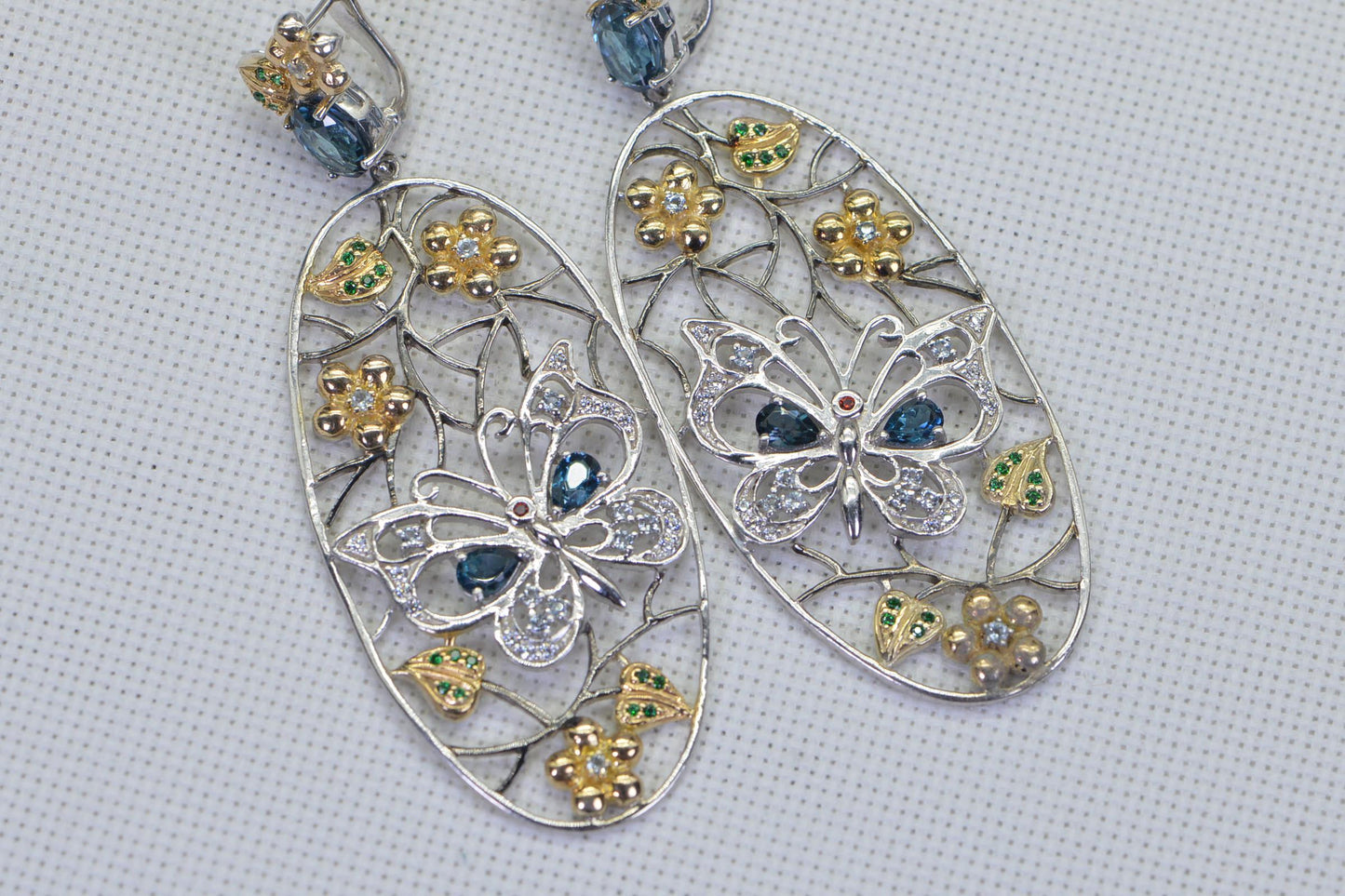 Two-Tone Butterfly Earrings: Blue Topaz & Simulated Diamond Statement