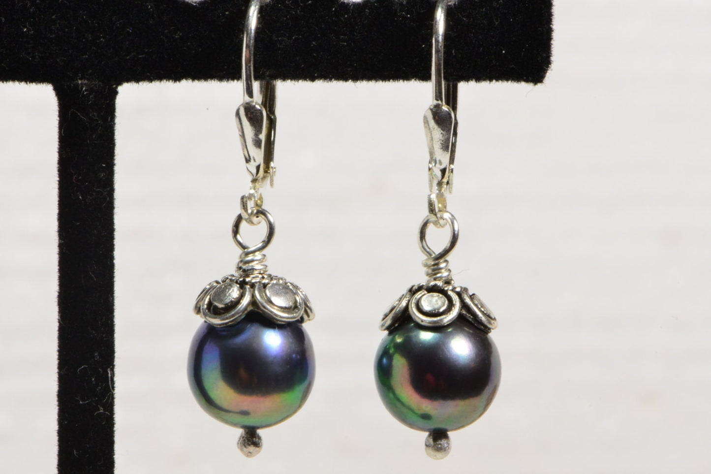 Natural Black Pearl Earrings 9mm  Sterling Silver 925, High Luster Peacock Color