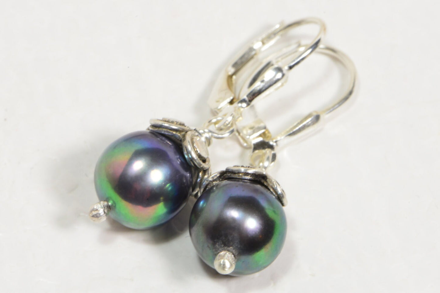 Natural Black Pearl Earrings 9mm  Sterling Silver 925, High Luster Peacock Color