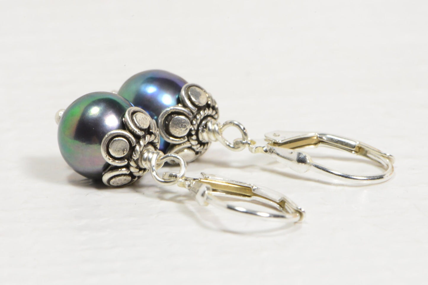 Natural Black Pearl Earrings 9mm  Sterling Silver 925, High Luster Peacock Color