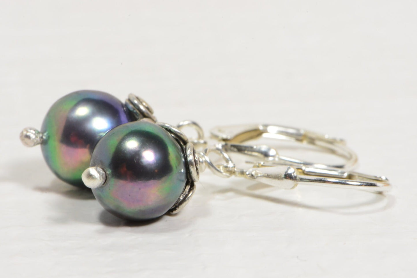 Natural Black Pearl Earrings 9mm  Sterling Silver 925, High Luster Peacock Color
