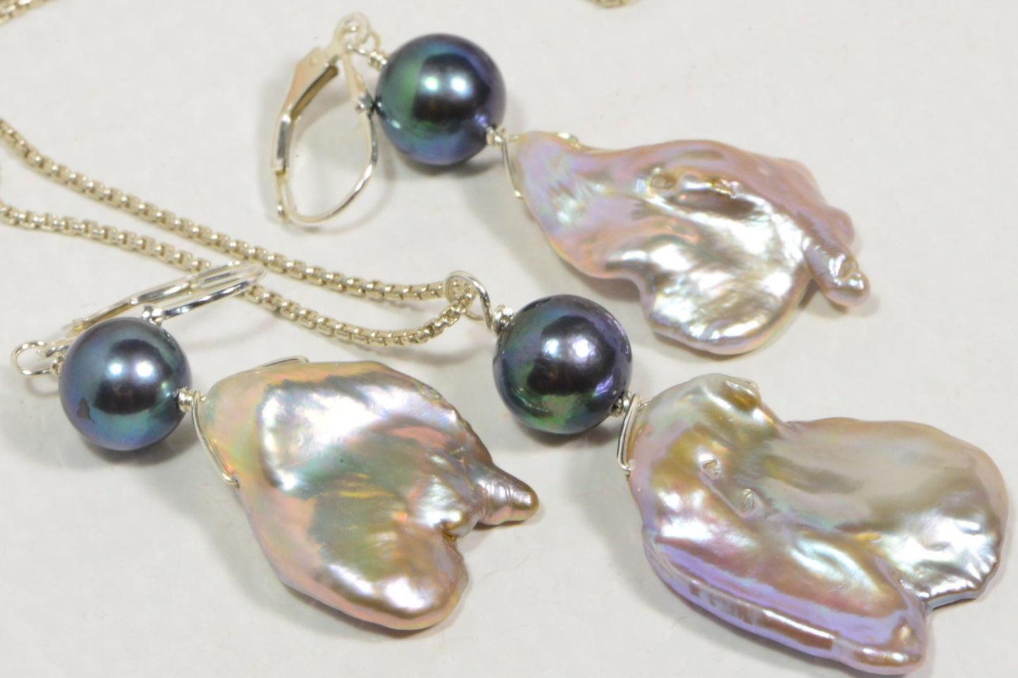 Black Pearl & Keshi Pearl Sterling Silver Necklace Earring Set