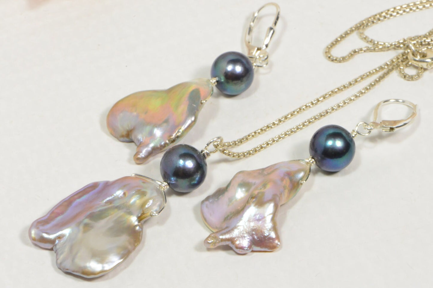 Black Pearl & Keshi Pearl Sterling Silver Necklace Earring Set