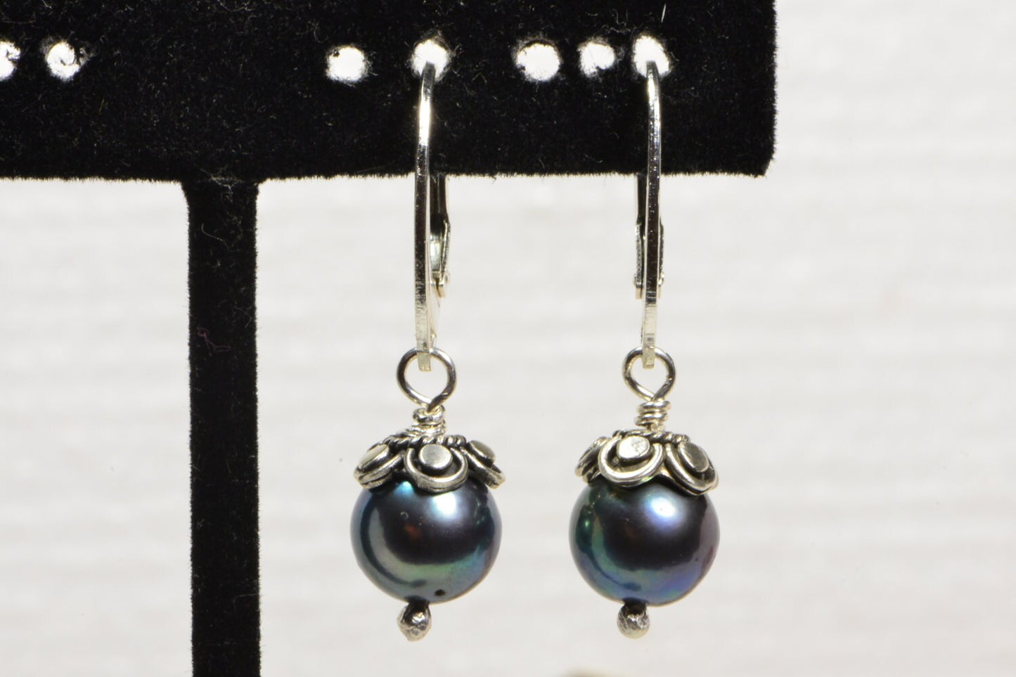Black Pearl Dangle Earrings, Sterling Silver Handmade Bead Caps