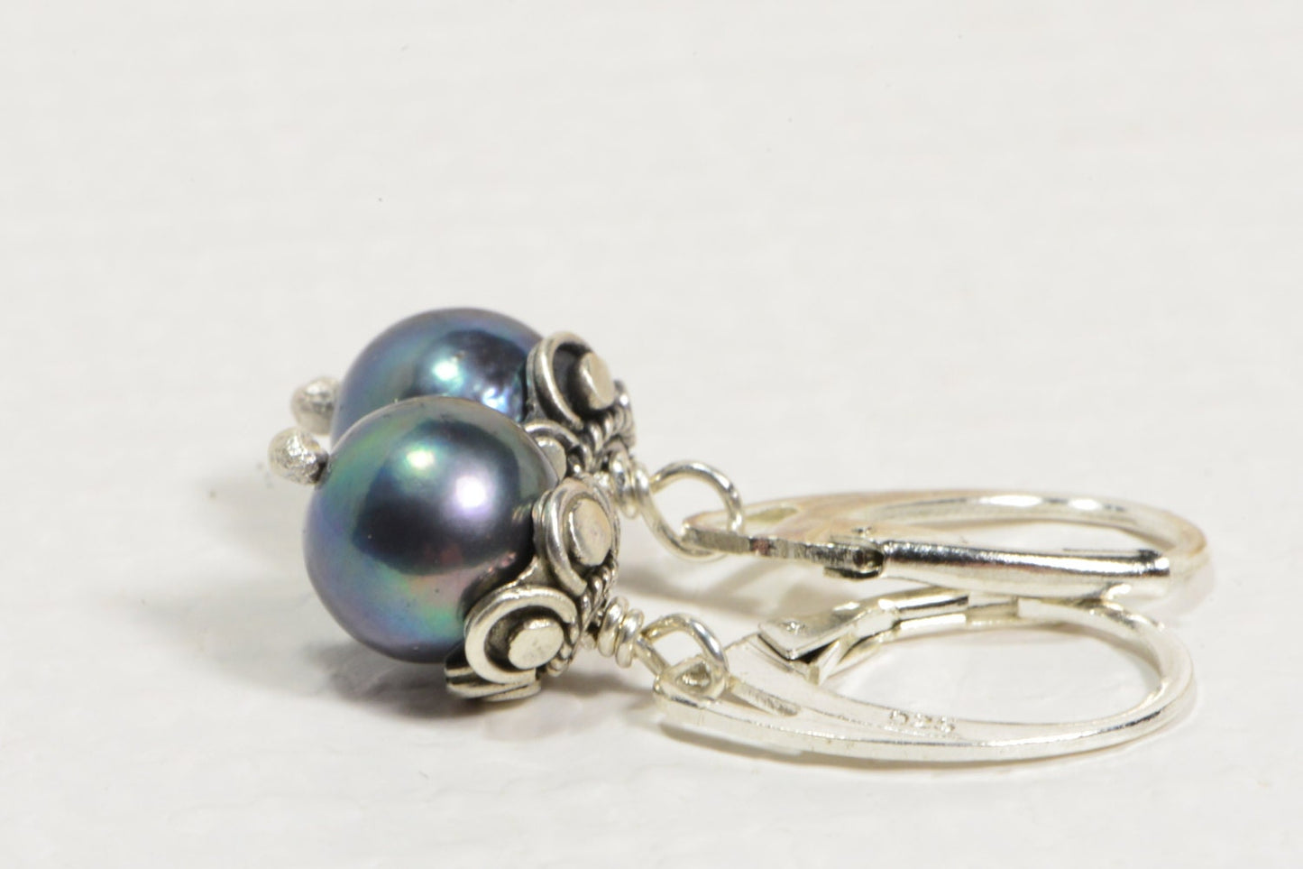 Black Pearl Dangle Earrings, Sterling Silver Handmade Bead Caps