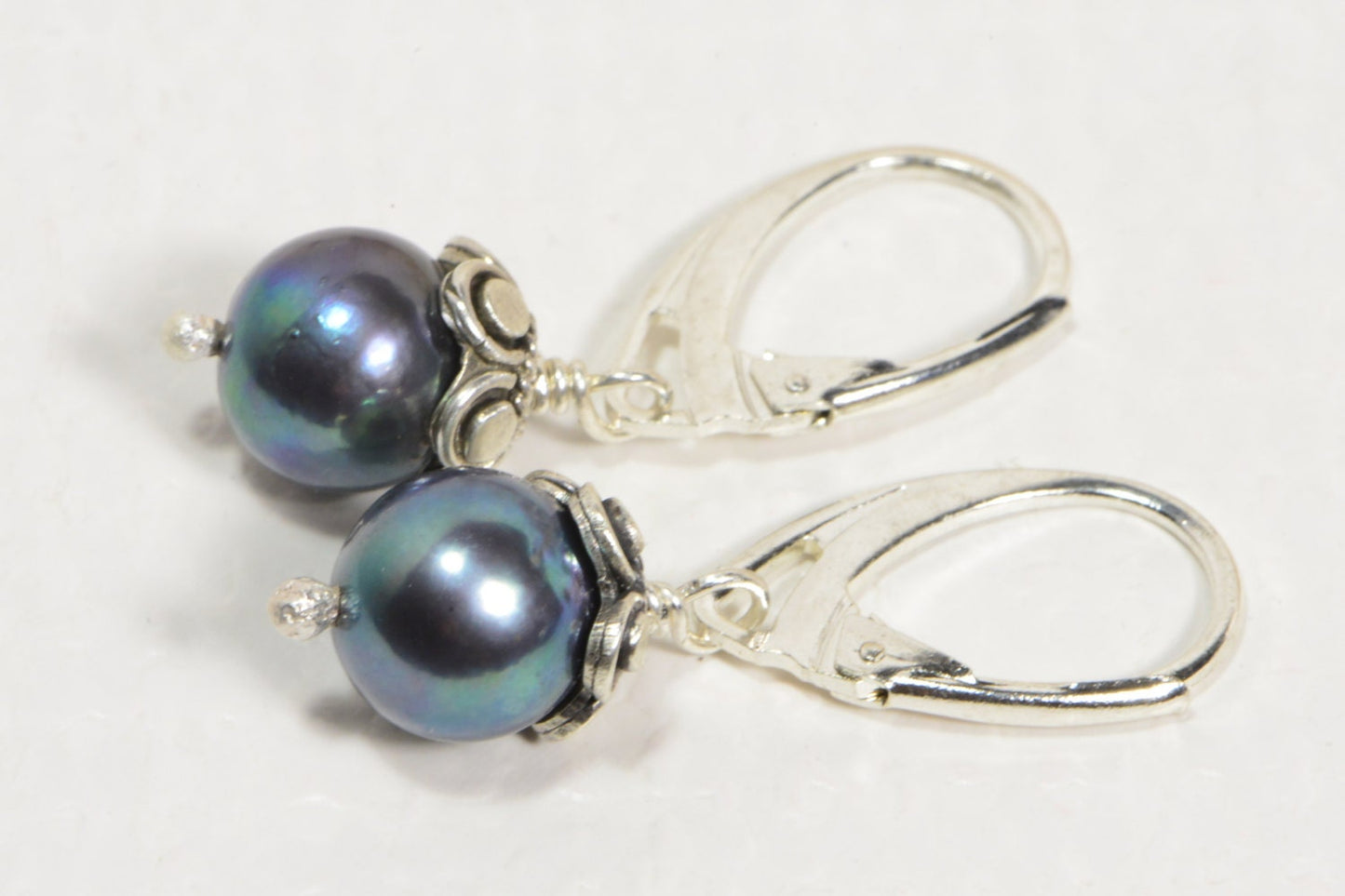 Black Pearl Dangle Earrings, Sterling Silver Handmade Bead Caps