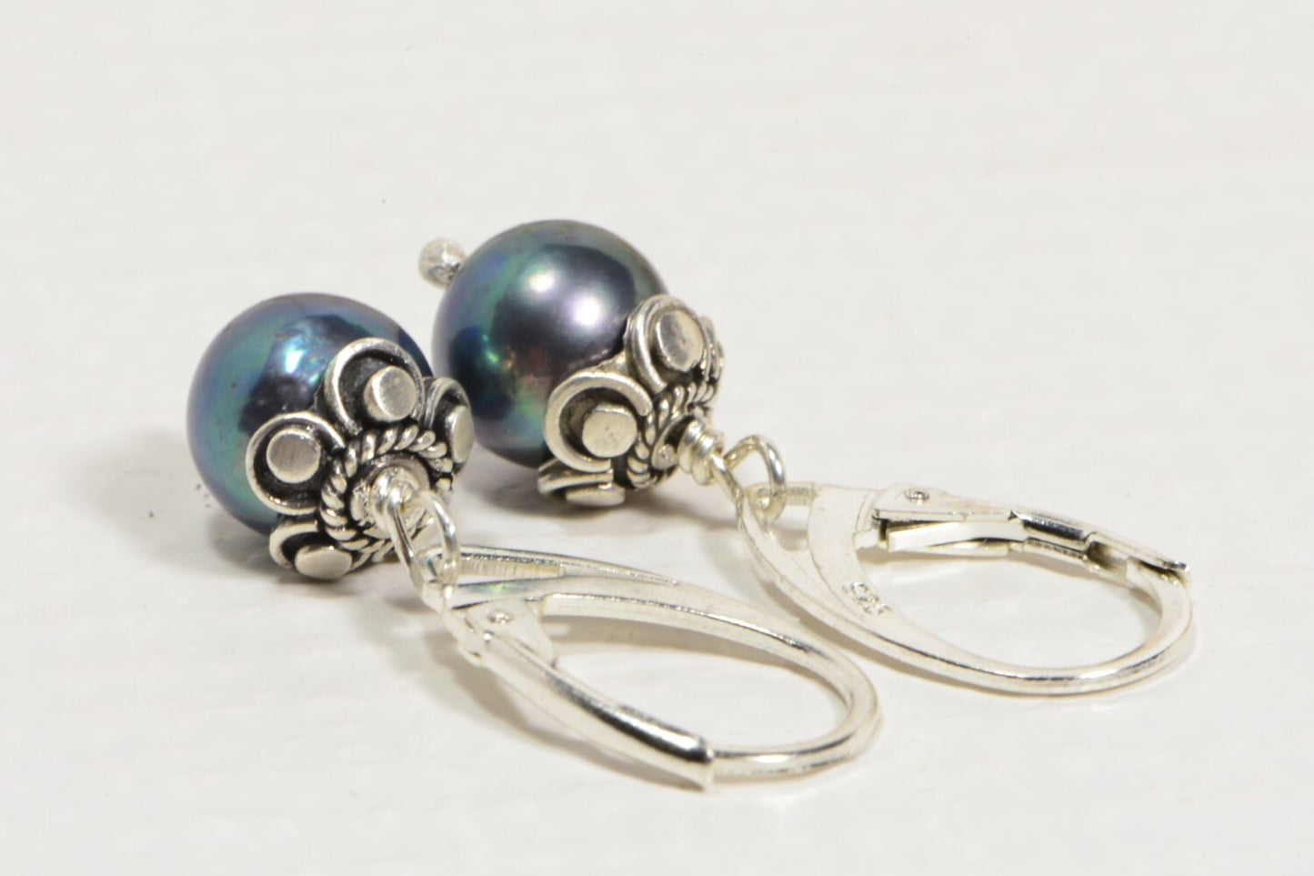 Black Pearl Dangle Earrings, Sterling Silver Handmade Bead Caps