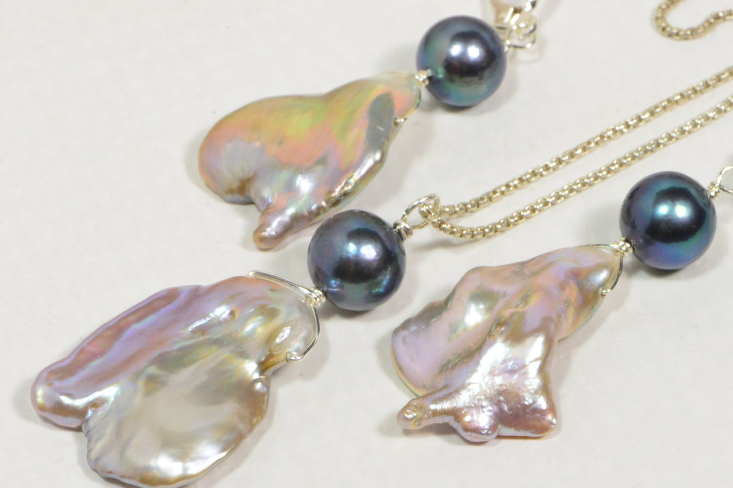 Black Pearl & Keshi Pearl Sterling Silver Necklace Earring Set
