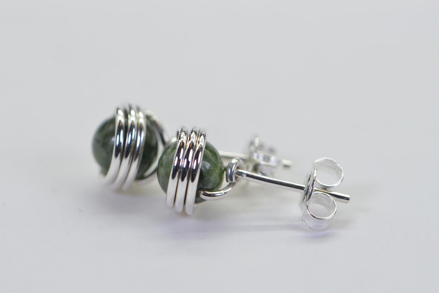 Natural Chrome Diopside Stud Earrings Round Wire Wrapped 14K Gold Tiny Earrings