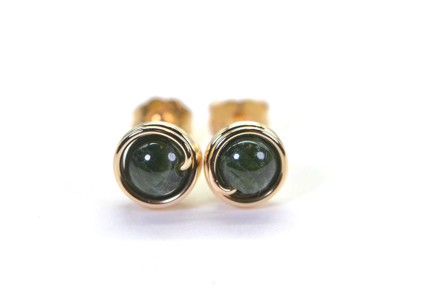 Natural Chrome Diopside Stud Earrings Round Wire Wrapped 14K Gold Tiny Earrings