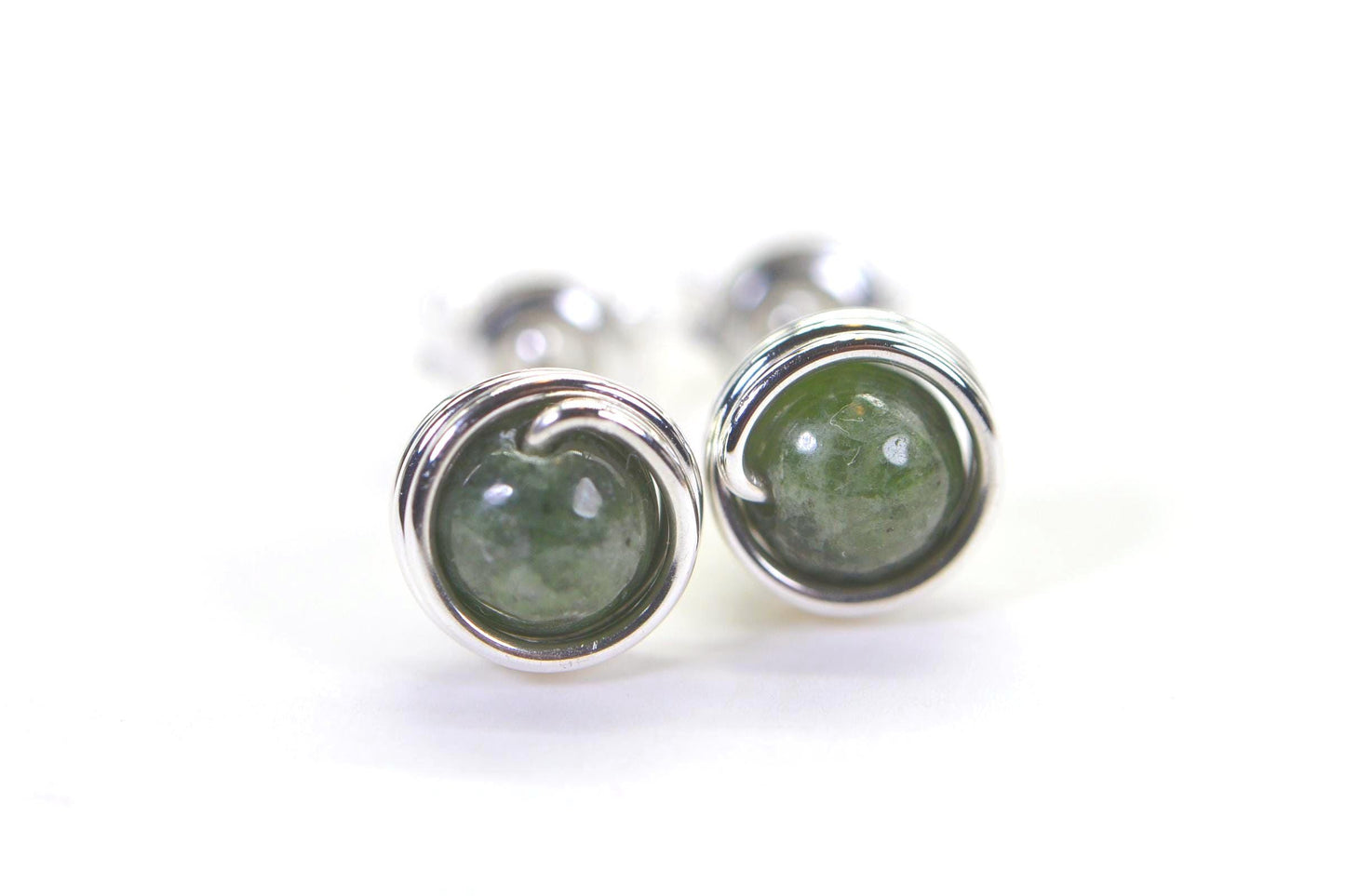 Natural Chrome Diopside Stud Earrings Round Wire Wrapped 14K Gold Tiny Earrings