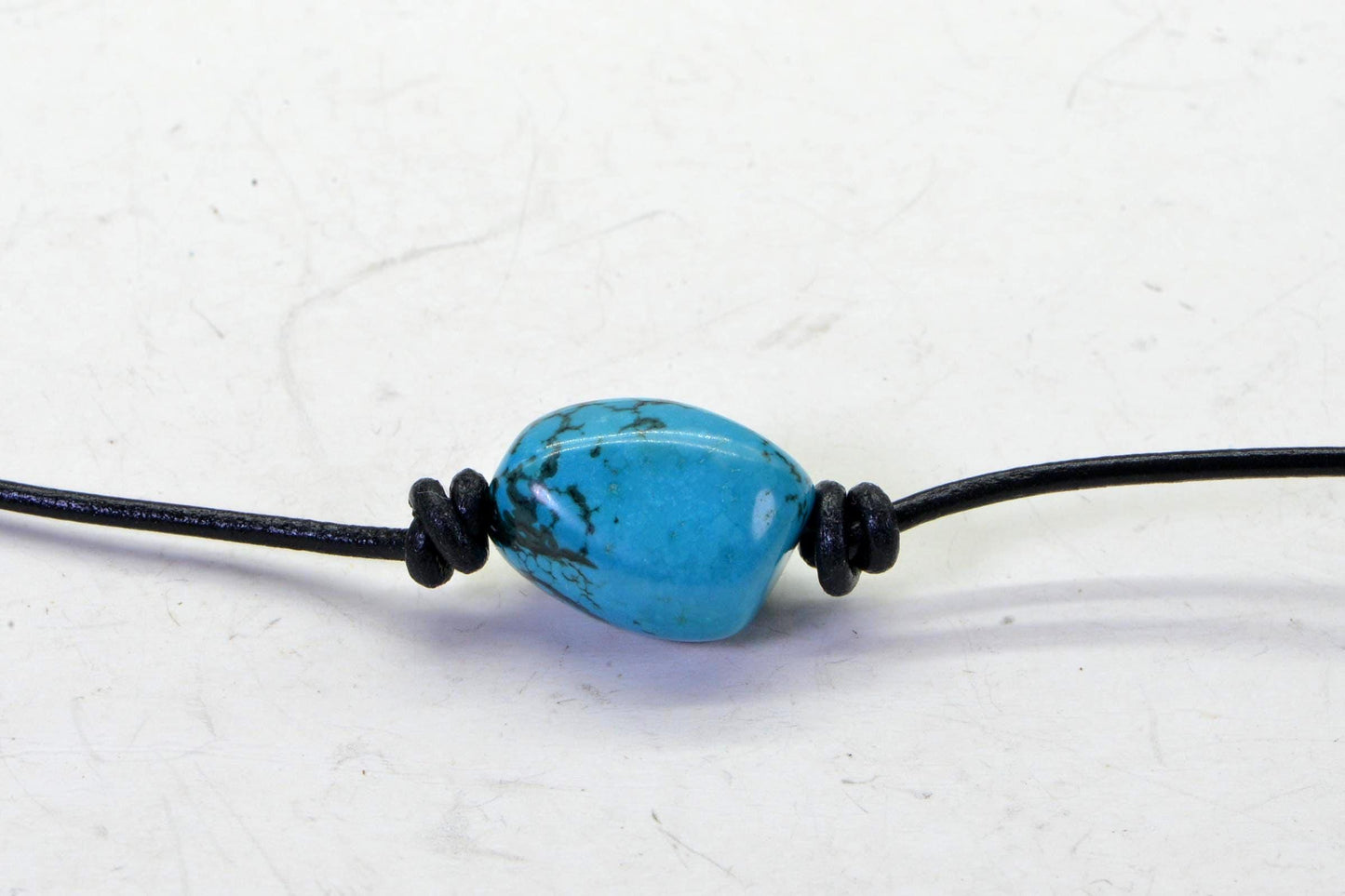 Blue Turquoise Pendant Necklace: Sterling Silver Clasp, Leather Cord