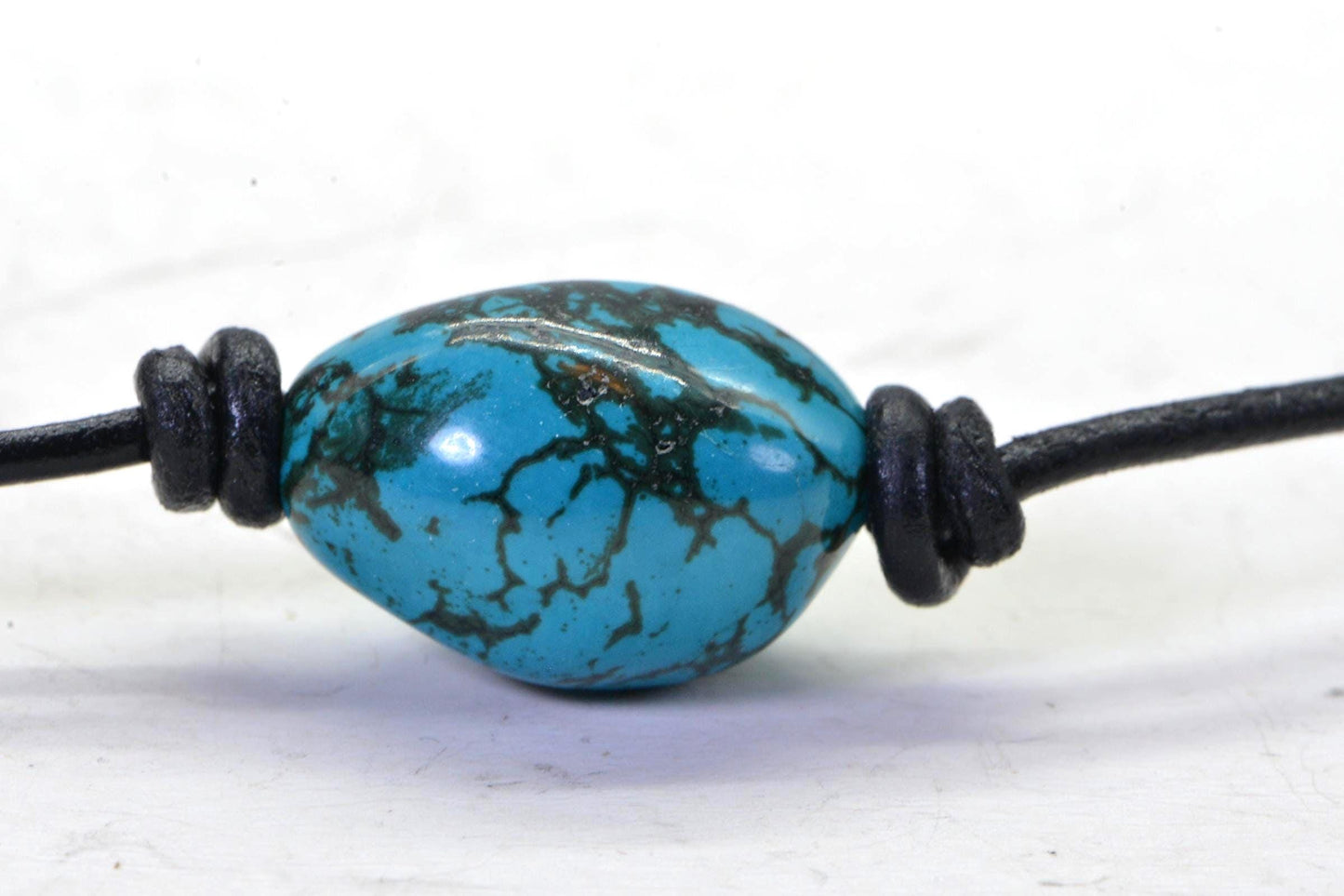 Blue Turquoise Pendant Necklace: Sterling Silver Clasp, Leather Cord