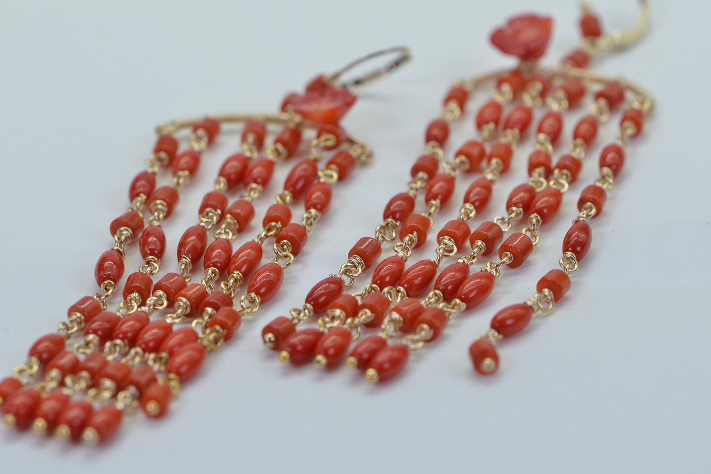 Red Coral Tassel Earrings: 14K Gold Wire-Wrapped Gemstone Dangle