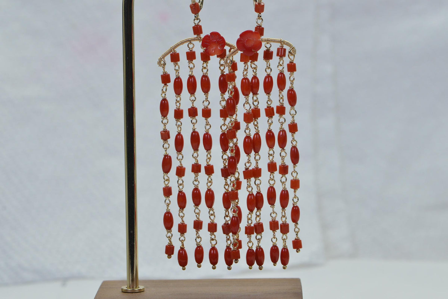 Red Coral Tassel Earrings: 14K Gold Wire-Wrapped Gemstone Dangle