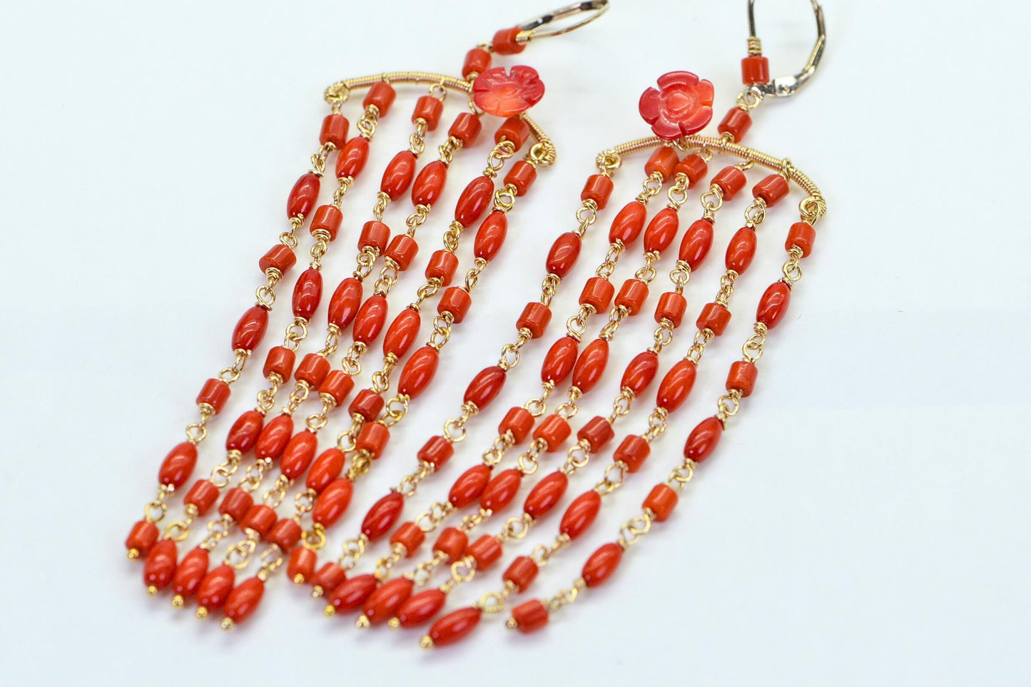 Red Coral Tassel Earrings: 14K Gold Wire-Wrapped Gemstone Dangle