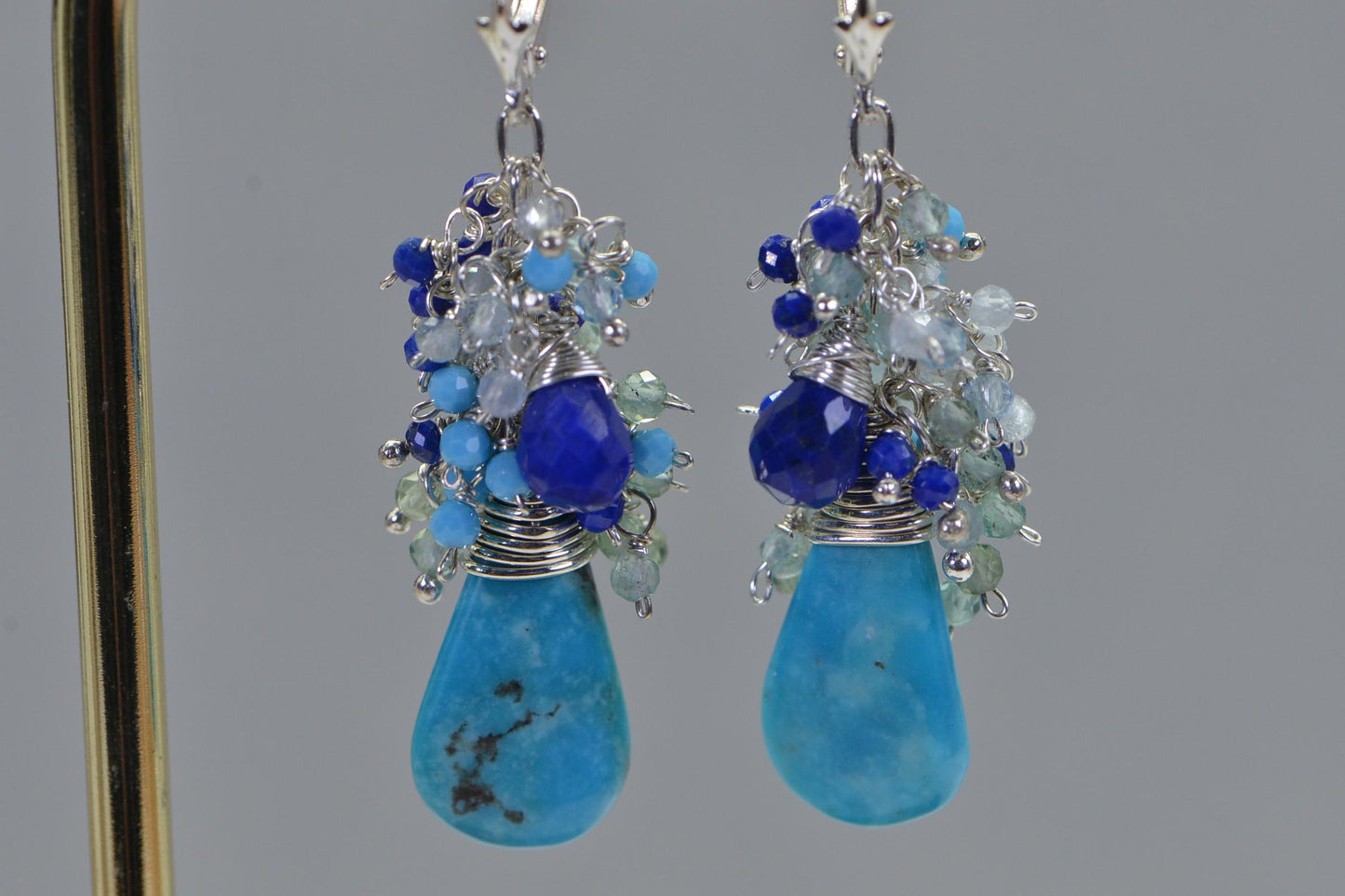 Natural  Arizona  Turquoise Cluster Dangle Earrings Wore Wrapped on Sterling Silver