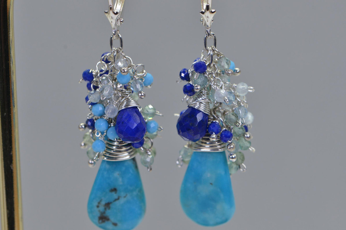 Natural  Arizona  Turquoise Cluster Dangle Earrings Wore Wrapped on Sterling Silver