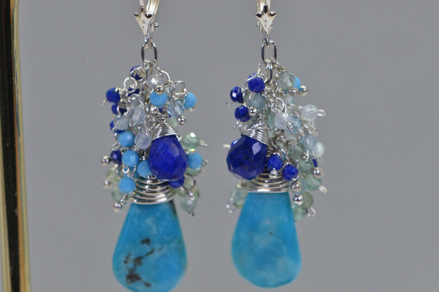 Natural  Arizona  Turquoise Cluster Dangle Earrings Wore Wrapped on Sterling Silver