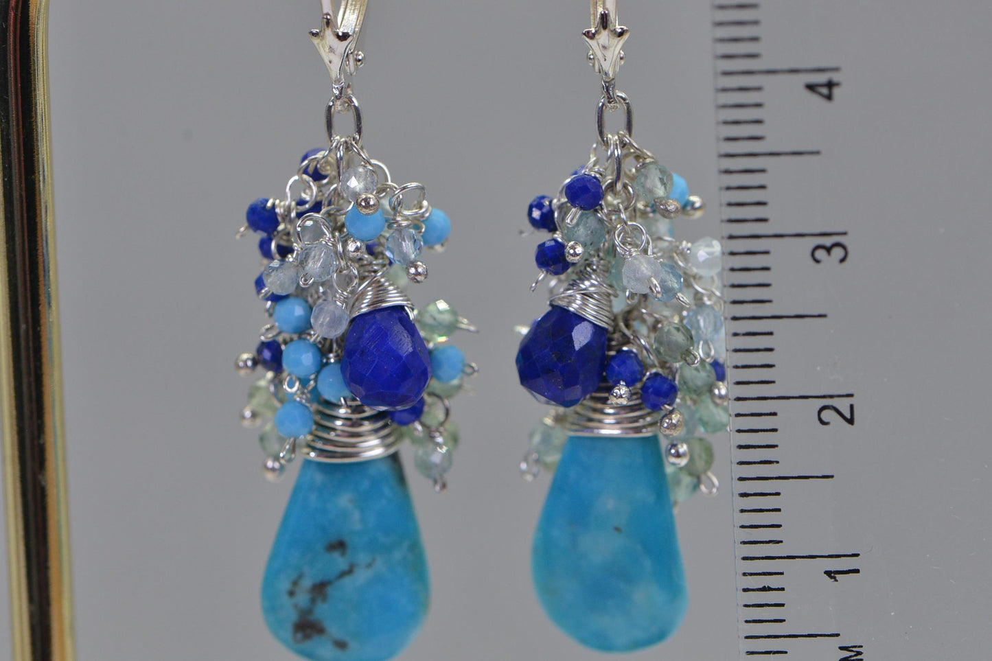 Natural  Arizona  Turquoise Cluster Dangle Earrings Wore Wrapped on Sterling Silver
