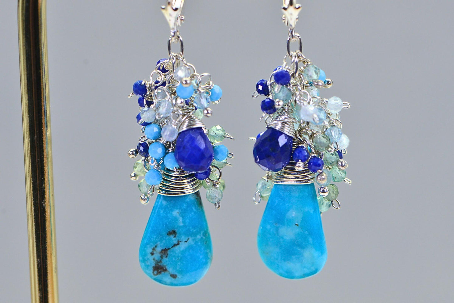 Natural  Arizona  Turquoise Cluster Dangle Earrings Wore Wrapped on Sterling Silver