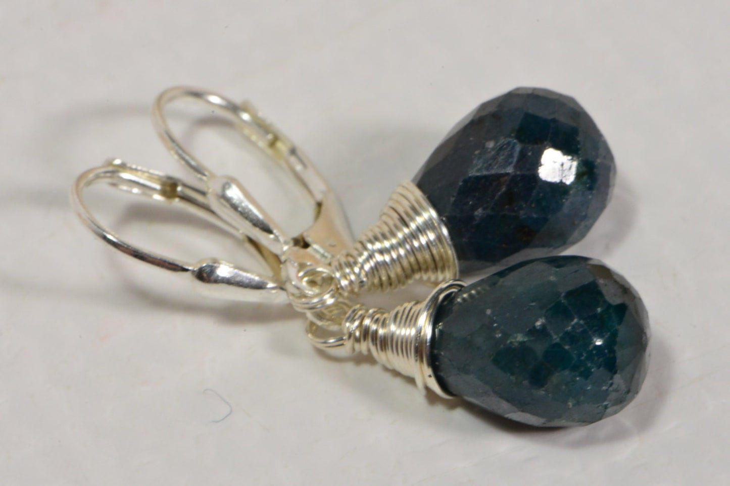 Natural Emerald Sterling Silver Earrings: Wire Wrapped Teardrop Dangle