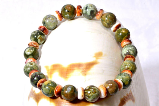 Rainforest Jasper & Oyster Shell Bracelet, 7 Inch Stretch Bracelet