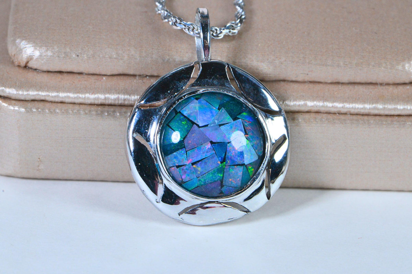 Mosaic Opal Pendant: Australian Inlay, 14K White Gold Over Sterling Silver
