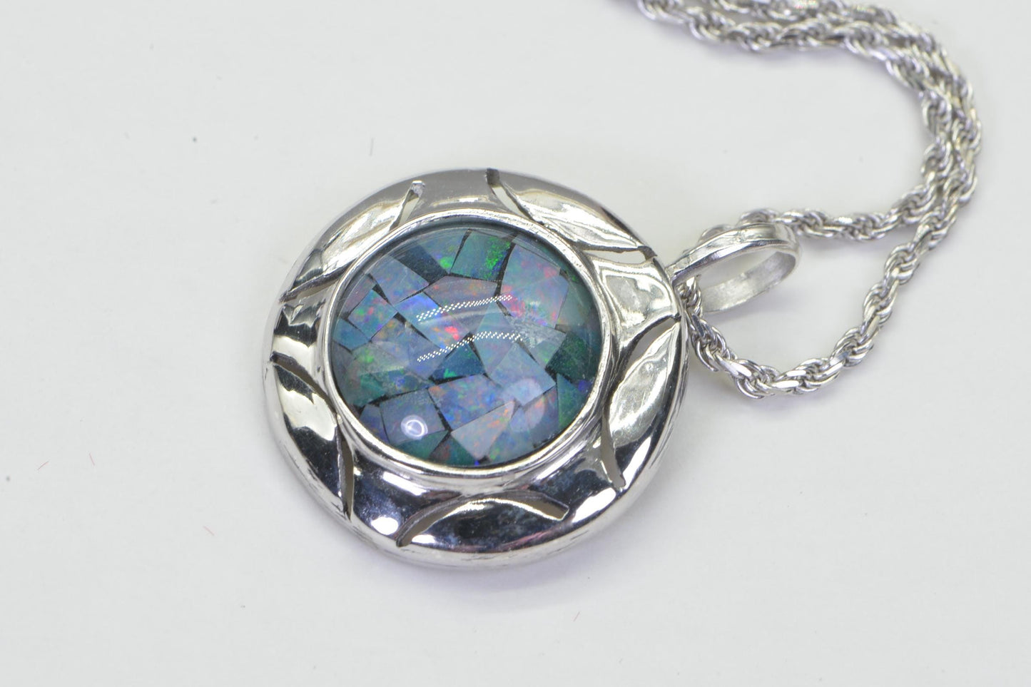 Mosaic Opal Pendant: Australian Inlay, 14K White Gold Over Sterling Silver