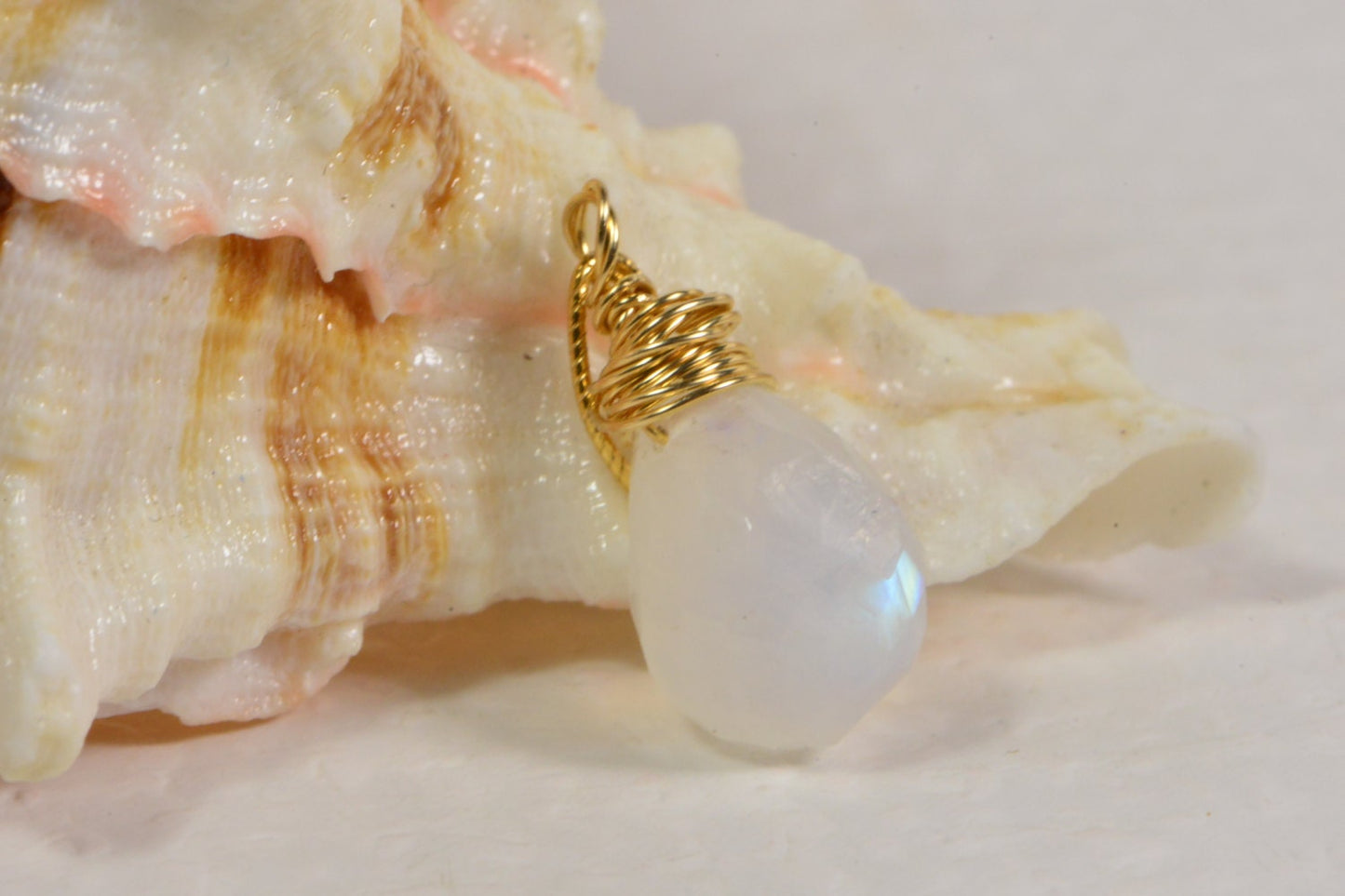 Natural Moonstone Briolette Pendant, 14k Gold Filled Wire Wrapped Teardrop