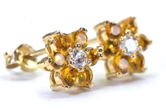 Yellow Diamond Flower Stud Earrings: 14K Gold Over Sterling Silver