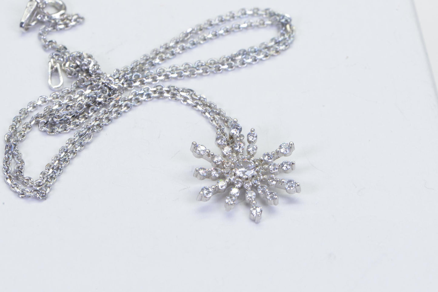 Simulated Diamond  Snowflake flower sunburst floting Pendant 14K White Gold Over Sterling Silver