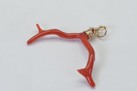 14K Gold Mediterranean Coral branch Red Orange Pendant Charm Minimalist Tiny Coral