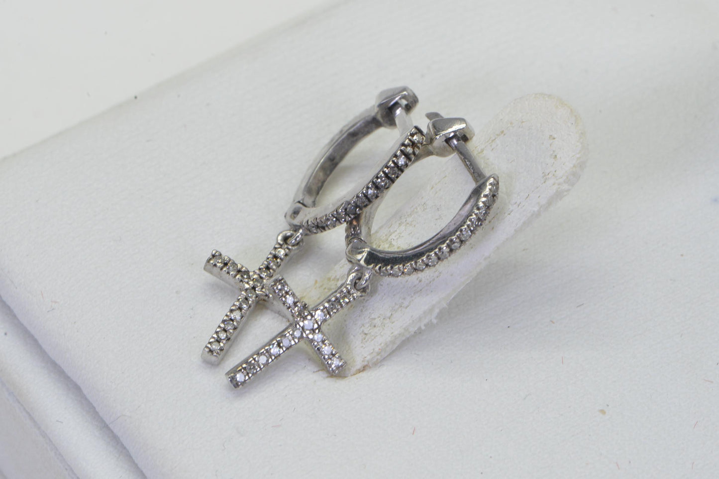 Diamond Cross Dangle Earrings: 14K White Gold over Sterling Silver