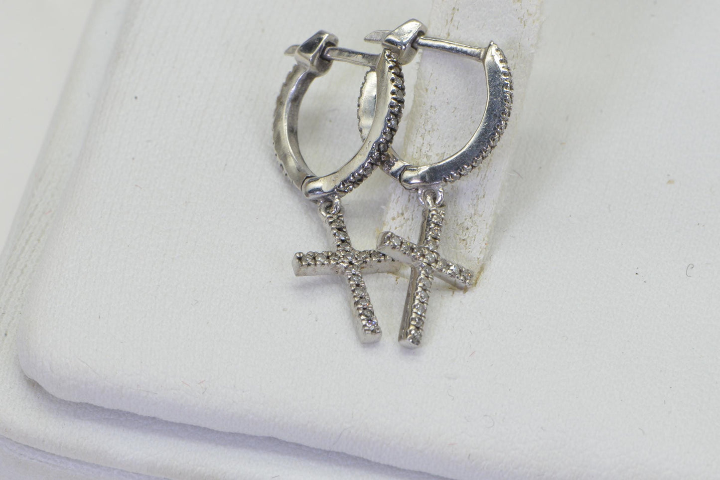 Diamond Cross Dangle Earrings: 14K White Gold over Sterling Silver