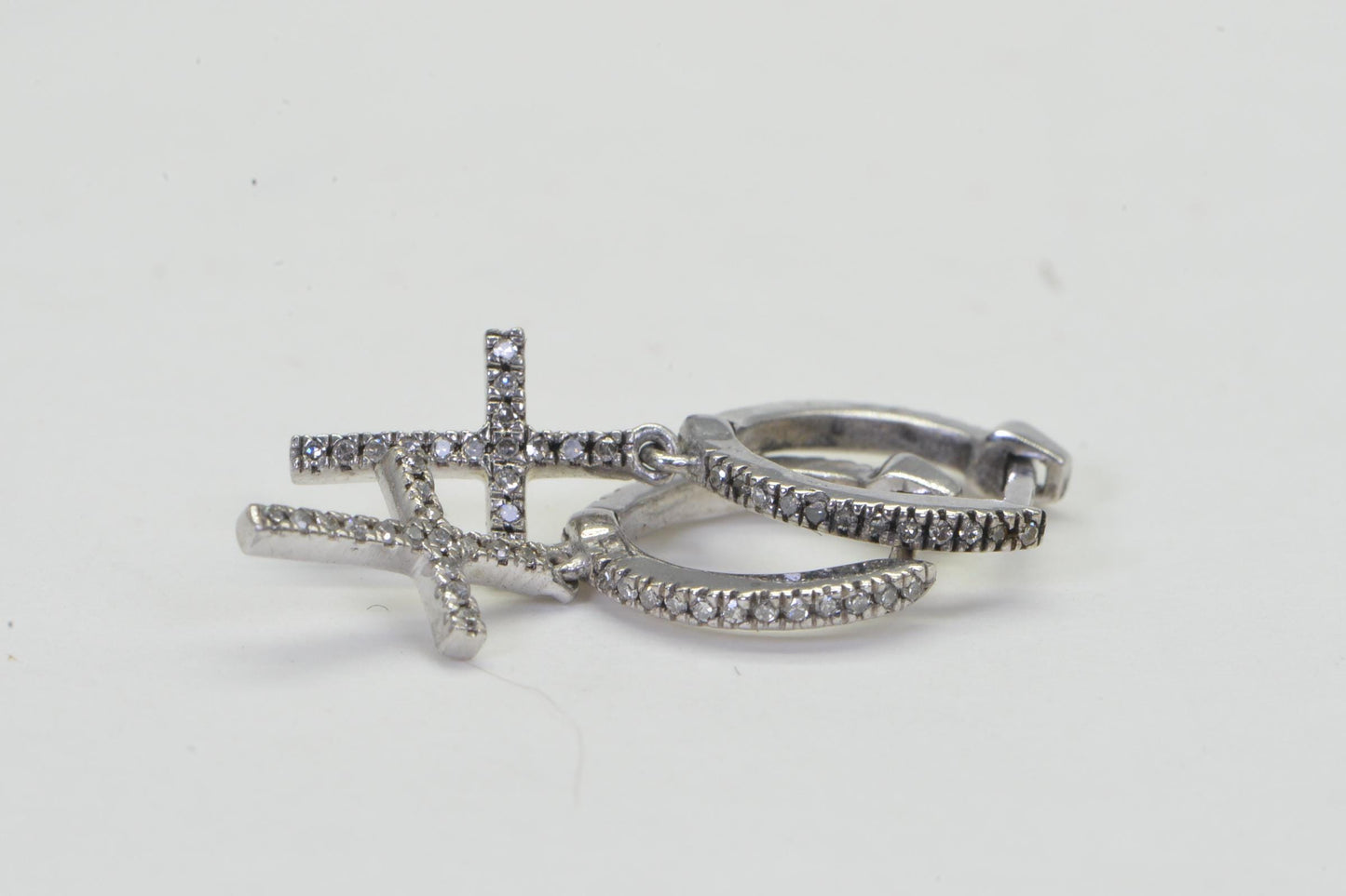 Diamond Cross Dangle Earrings: 14K White Gold over Sterling Silver