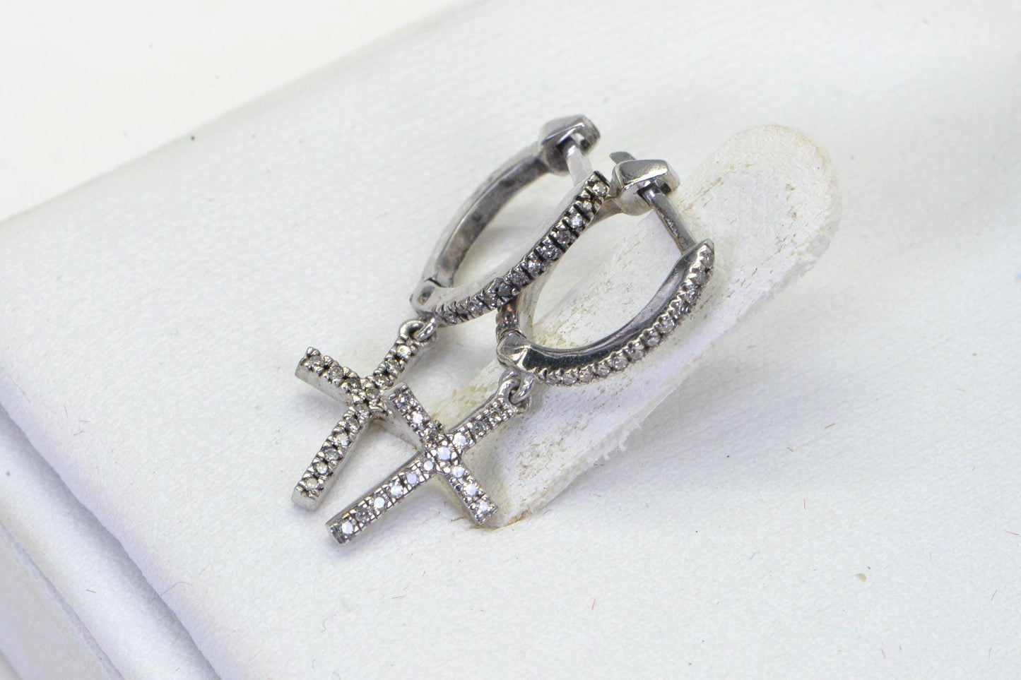 Diamond Cross Dangle Earrings: 14K White Gold over Sterling Silver