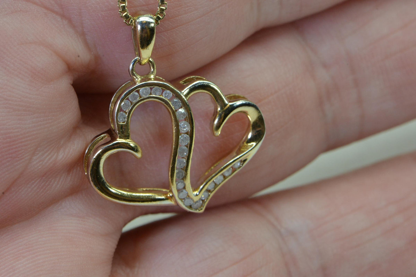 Diamond Double Heart Pendant: 14K Gold Over Sterling Silver