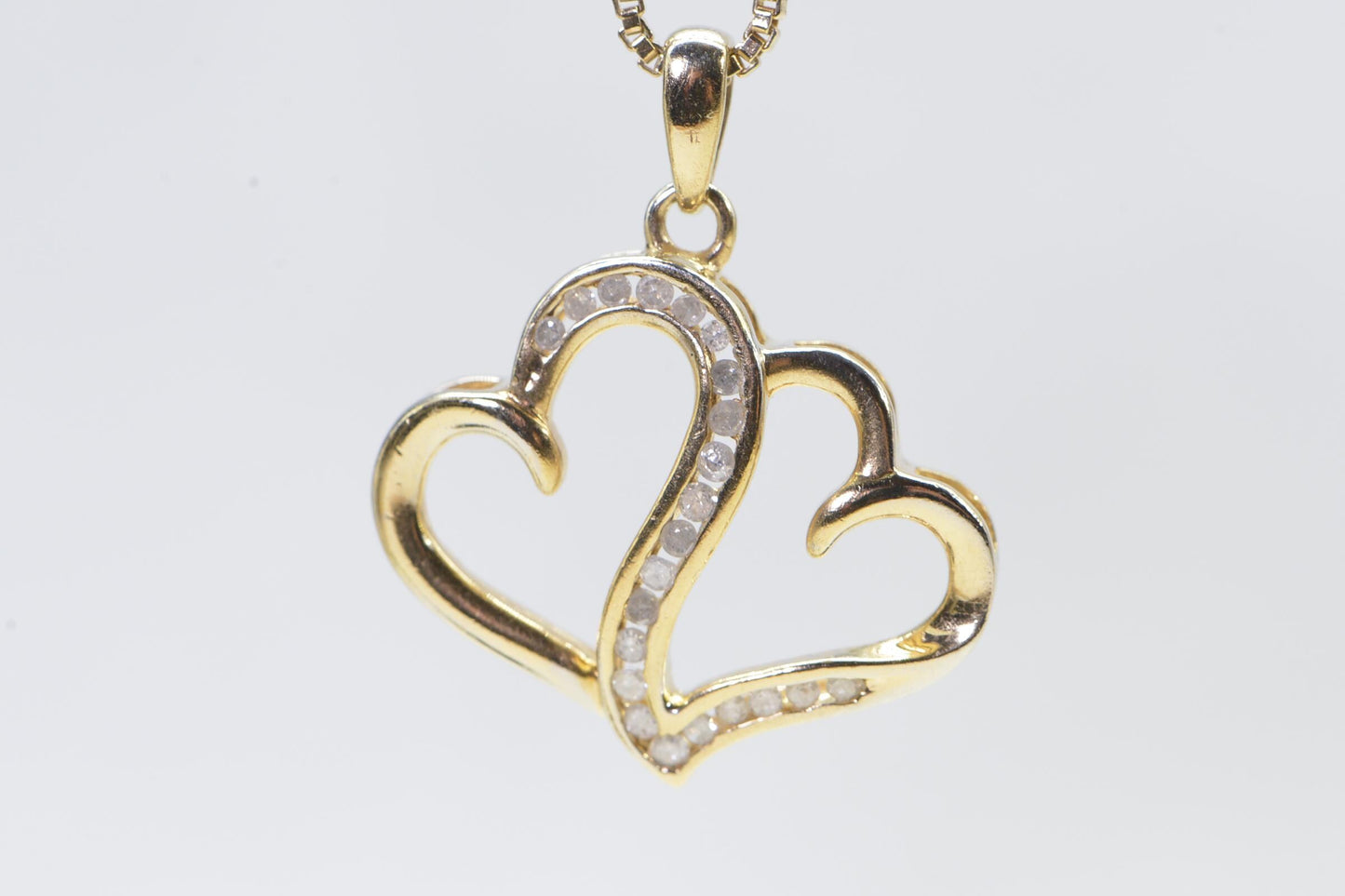 Diamond Double Heart Pendant: 14K Gold Over Sterling Silver