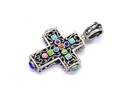 Turquoise Lapis Malachite Coral Multi Stone Cross Native American  Vintage Sterling silver