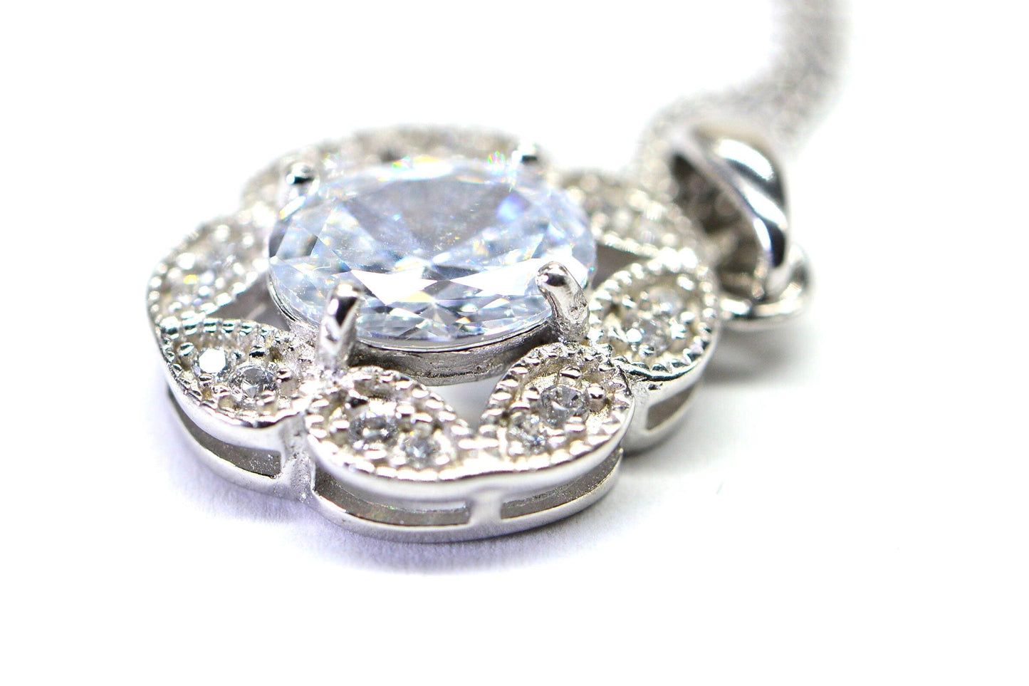 Cubic Zirconia Halo Pendant Necklace, Sterling Silver, Vintage Bridal Gift
