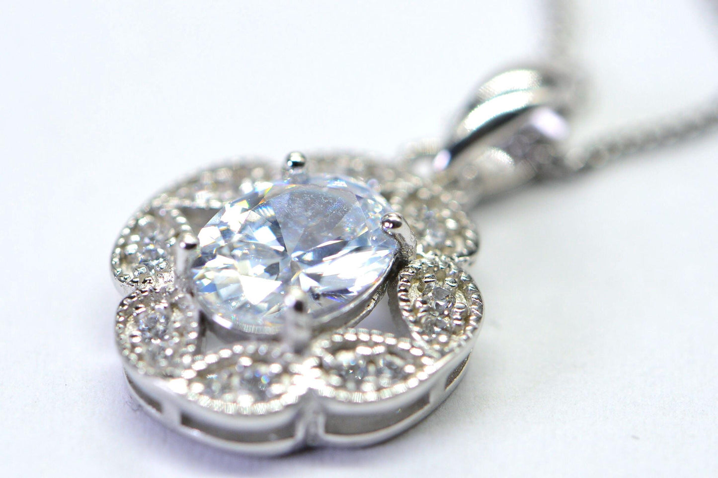 Cubic Zirconia Halo Pendant Necklace, Sterling Silver, Vintage Bridal Gift